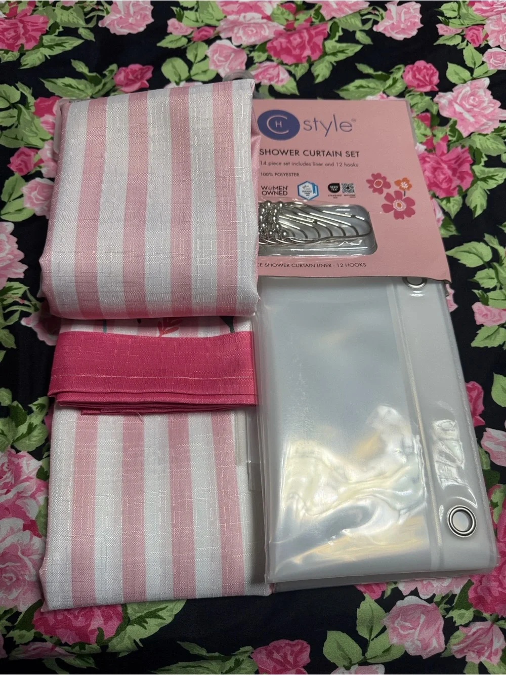 Betsey Johnson Pink and White Striped Floral Shower Curtain